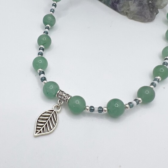 Lunar Neptune Jewelry - Green Aventurine 8mm Crystal Gemstone Beaded Leaf Choker Necklace